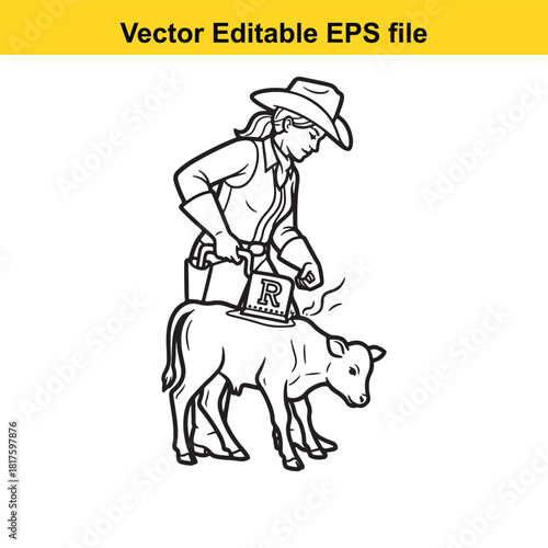 Cowboy woman branding a calf with a hot iron, vector illustration, isolated on