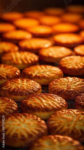 Wallpaper Mural Close‑up of baked biscuits fresh out of oven in food‑industry setting showing golden baked texture and slight crispiness ideal for bakery production, food packaging or commercial snack imagery Torontodigital.ca