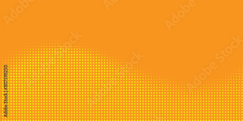 Yellow halftone pattern. Retro comic gradient background. Bright orange pixelated dotted texture overlay. Cartoon pop art faded gradient pattern.