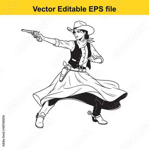 Cowgirl in a western outfit holding a pistol, isolated on