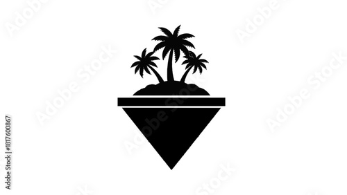 Vector illustration of black silhouette icon of a tropical island with three palm trees inside an inverted triangle shape on a transparent background