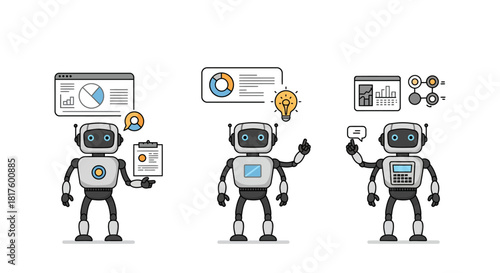 Ai data analysis robots analyzing graphs  charts for business intelligence automation for reports  decision-making enhancing strategy  growth.