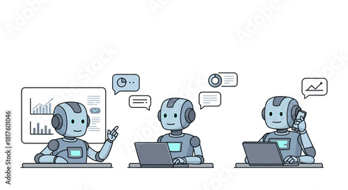 Business automation robots analyzing data  charts working on laptops  phones illustrating ai data science machine learning and process automation