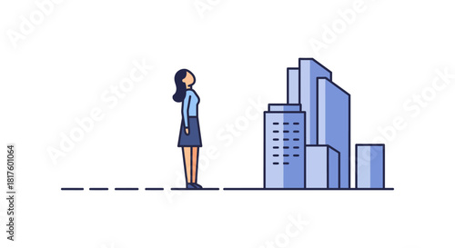 Businesswoman looking at city skyline envisioning growth standing in urban landscape reflecting ambition and success in a financial district.