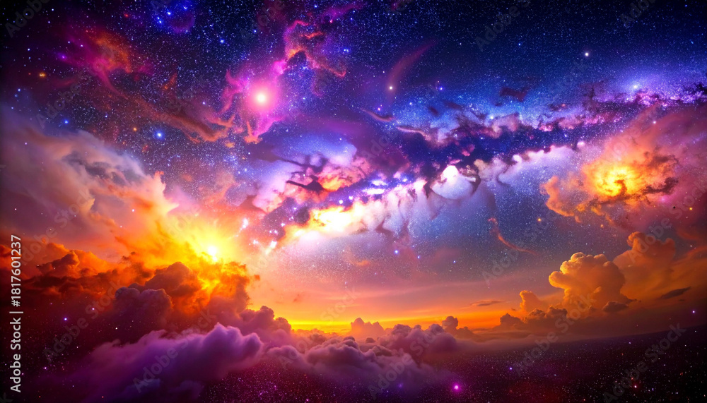 Obraz premium カラフルな星雲と雲 オレンジと紫の宇宙背景