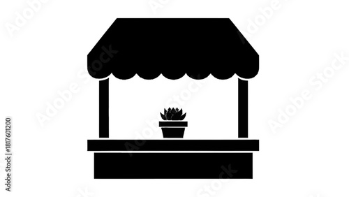 Vector illustration of black and white silhouette icon of a market stall or stand with a small potted succulent plant on the counter on a transparent background