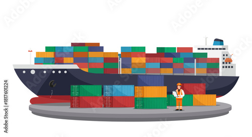 container ship at port with inspector overseeing cargo operations ensuring efficient global logistics perfect for supply chain management visuals