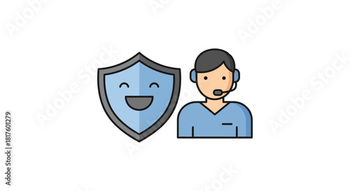 customer support agent with a friendly shield offers secure assistance ensuring trust and reliability in customer service initiatives for online services.