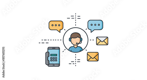 customer support center icon agent assists clients via phone email chat offering omnichannel communication perfect for service industry marketing.