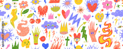 Kids crayon drawn seamless pattern. Punk and rock doodles seamless banner background. Music vibes, punk scribbles and youth y2k shapes. Festival pattern background with chalk or pencil texture shapes.