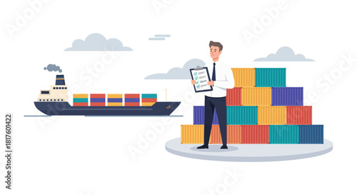 global logistics inspection manager with clipboard checking cargo containers by freight ship ensuring efficient supply chain management