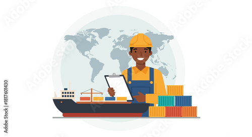Global shipping logistics manager checking cargo manifest near container ship with world map backdrop ideal for supply chain management trade agreements and export