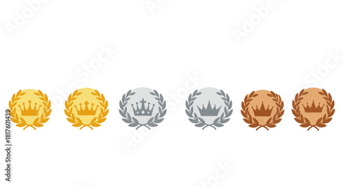 gold silver bronze award showcasing first second third place icons with crowns and laurel wreaths celebrating achievement and excellence in competition