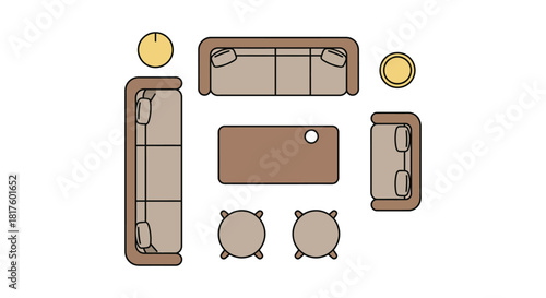 living room furniture arrangement illustration showcasing interior design layout with sofa chairs and coffee tables for home decor space planning solutions