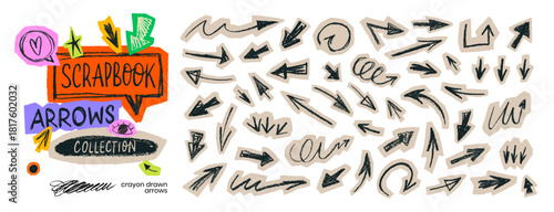 Collage scrapbook doodle arrows collection. Hand drawn curved, straight and short arrows with crayon or pencil texture. Sketch and scribble arrow set. Cut out scrapbook design elements.