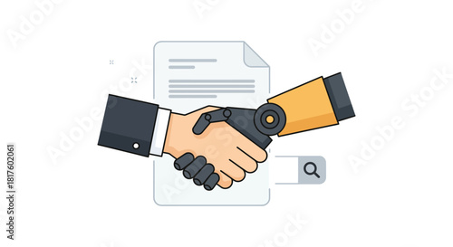 Robotic handshake sealing a deal symbolizing tech collaboration human-AI partnership on contract business innovation efficient agreement processing technology future