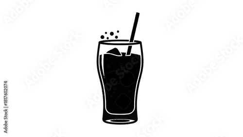 Vector illustration of black and white icon of a cold soda drink with ice cubes and a straw, isolated on transparent background 
