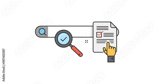Search query check list review with hand and magnifying glass depicting information accuracy and data analysis on search results page