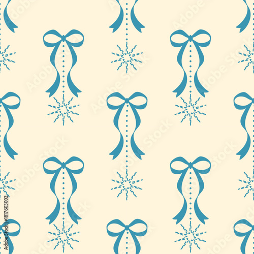 Seamless pattern design with bows blue flowers and decorative ribbons