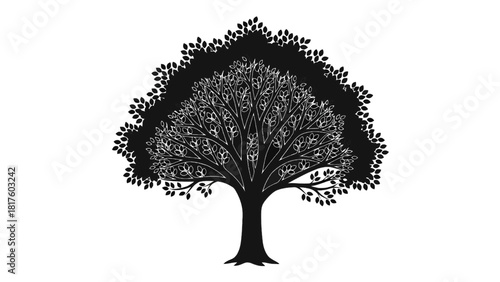 Vector illustration of black and white silhouette of a dense, leafy deciduous tree with intricate branch detail isolated on transparent background 