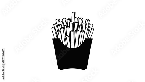 Vector illustration of black and white line art icon of french fries in a container, isolated on transparent background 