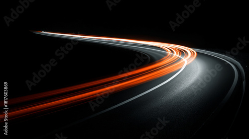 Curved light trails stretching upward showing fast moving car acceleration and motion on a night road with city lights creating a dynamic high speed concept background