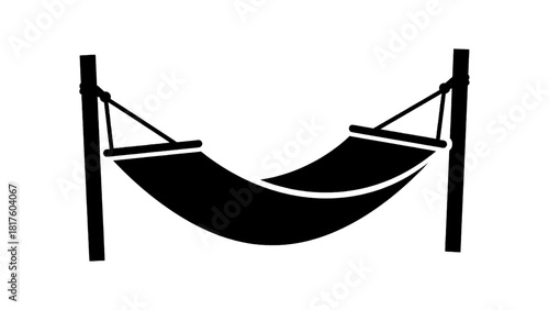 Vector illustration of simple black silhouette icon of a hammock suspended between two posts, isolated on transparent background 