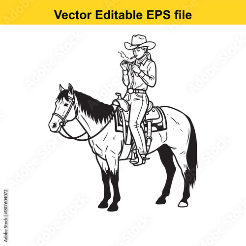 Cowgirl smoking a cigarette while riding a horse, isolated on, vector illustration