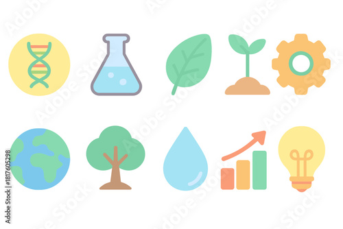 Science and nature flat icon set. Biology, ecology, growth, research, and earth symbols