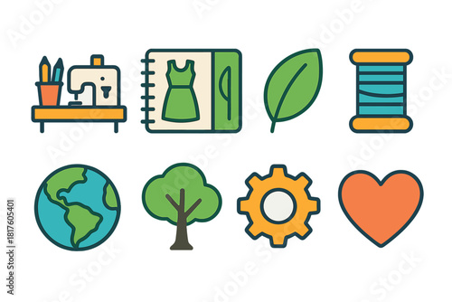 Sewing, fashion flat icon set. Style, eco, tools, clothing, earth, heart icons collection