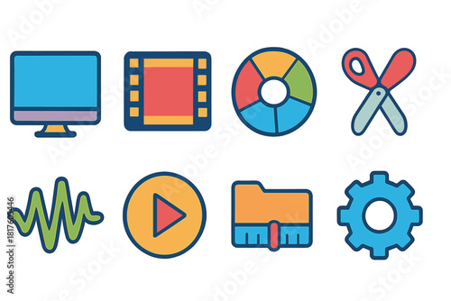 Media, multimedia flat icon set. Music, video, technology icons flat collection
