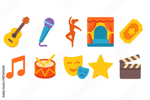 Performing arts flat icon set. Music, theater, entertainment symbols flat collection.