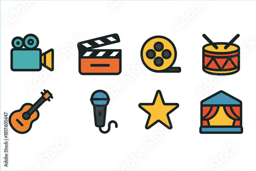 Entertainment, music, film colored icon set. Performing arts icons flat collection