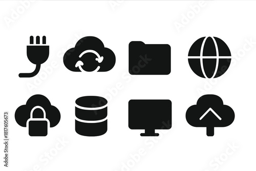 Cloud computing and data silhouette icon set. Secure storage, network, upload icons.