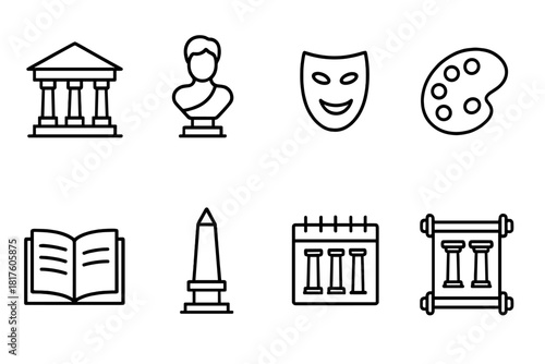 Art and culture icon set: museums, sculptures, theater masks in a linear style
