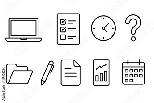Office work linear icon set. Productivity, organization, and planning outline icons.