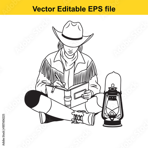 Cowgirl wearing a cowboy hat and fringed jacket, sitting crosslegged, writing in a book next to a lantern, vector illustration