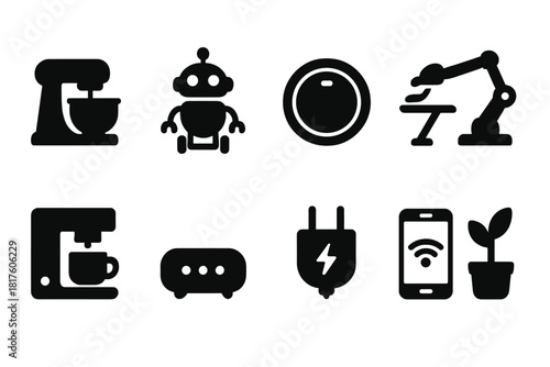 Smart home devices solid icon set. Robotics, automation, technology icons collection