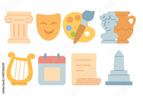 Arts and culture flat icon set. Classic art, theater, music symbols in vector style.