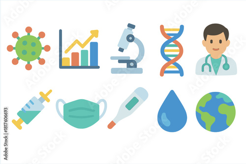 Healthcare, science 3d icon set. Medical research, doctor tools icons collection