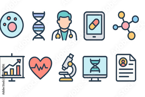 Healthcare and medicine flat icon set. Medical, laboratory, health tech icons collection