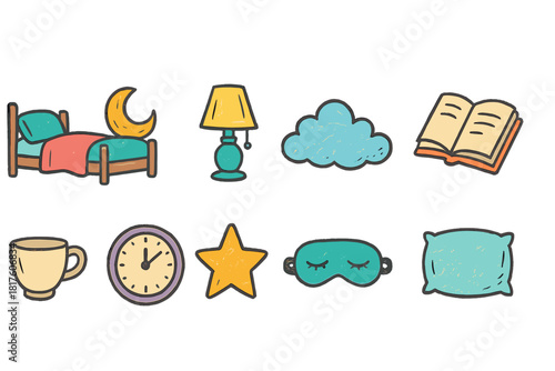 Sleep, bedtime doodle icon set. Cozy, relaxing, restful night doodle icons collection.