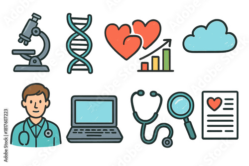 Healthcare and science flat icon set. Medical, research, technology icon collection