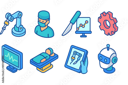 Healthcare and robotics icon set. Surgery, automation, robotics icons, 3d style collection