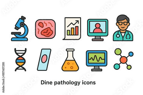 Medical pathology linear icon set with lab, research, analysis, health, science symbols