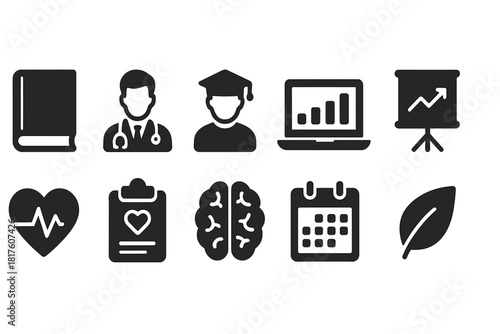 Education and healthcare solid icon set. Learning, health, brain, and calendar icons