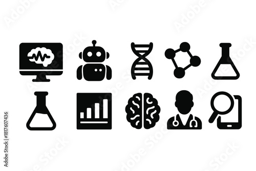 Science and technology solid icon set. Laboratory, ai, medical, chemistry icons collection