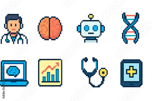 Healthcare, medicine flat icon set. Ai, brain, dna, robot, data icons collection
