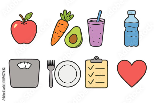 Healthy living icon set with flat nutrition, exercise, wellness, and hydration symbols