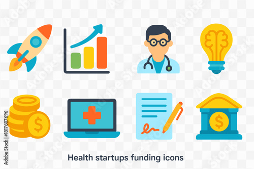 Health startups funding flat icon set. Innovation, finance, medical symbols flat collection